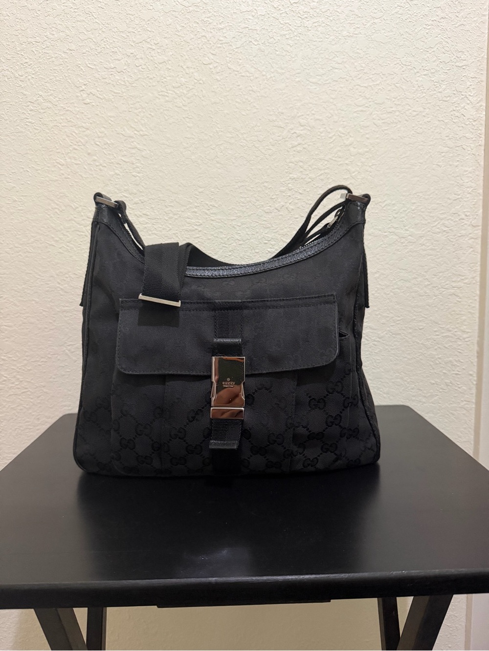 Gucci Black Monogram Canvas Shoulder Bag with Front Clasp